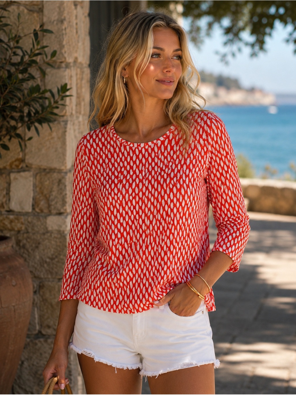 J. Mclaughlin Catalina Cloth Orange White Geometric Top Medium Upf
